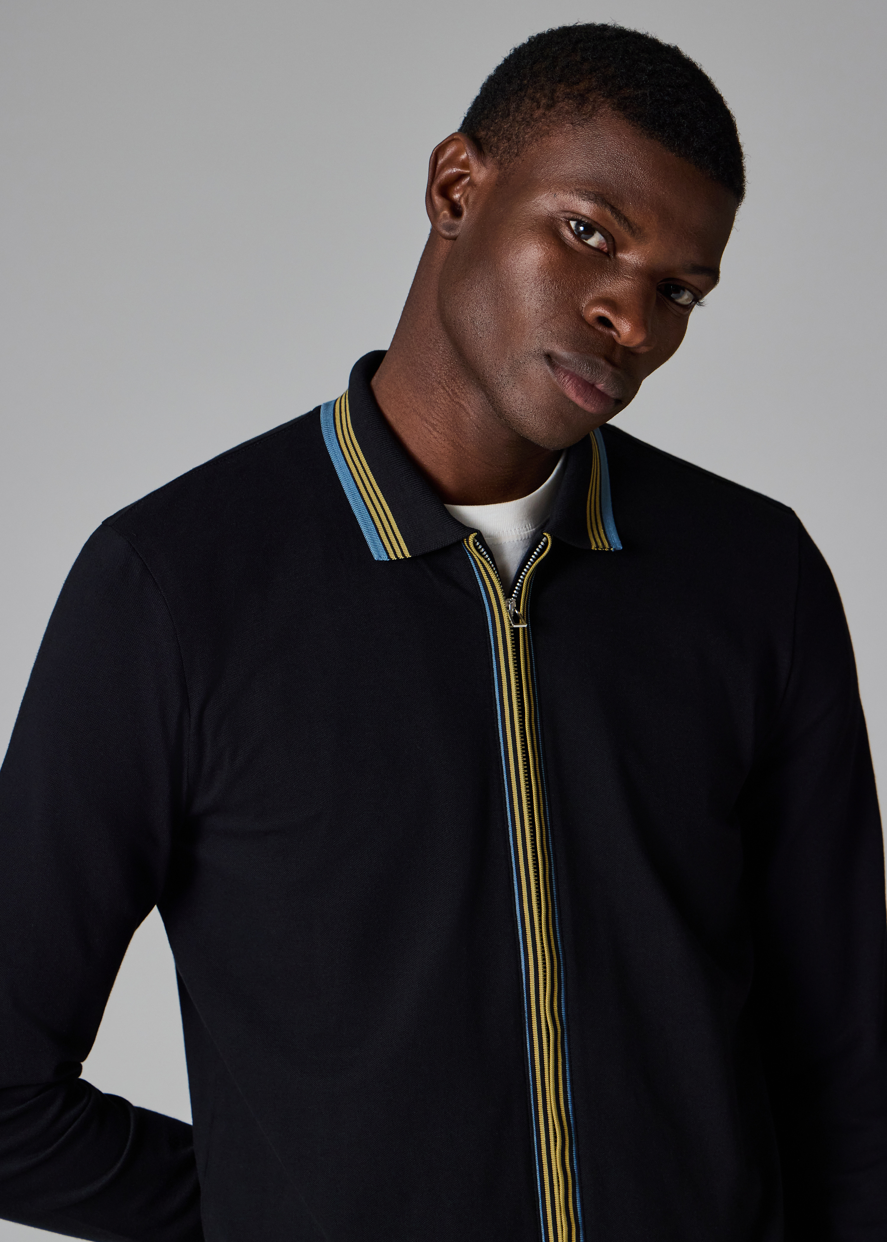 Black Contrast Tipping Full-Zip Long-Sleeve Polo Shirt - 5