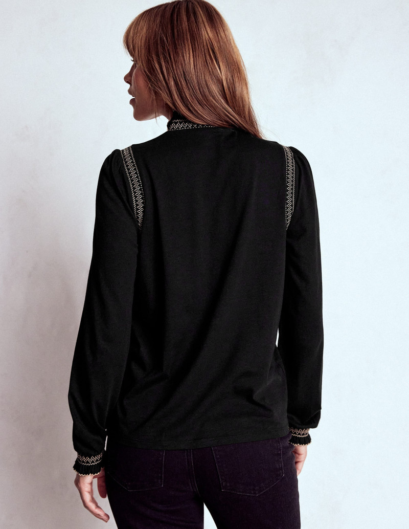 Tia Smocked Neck Jersey Top-Black 4