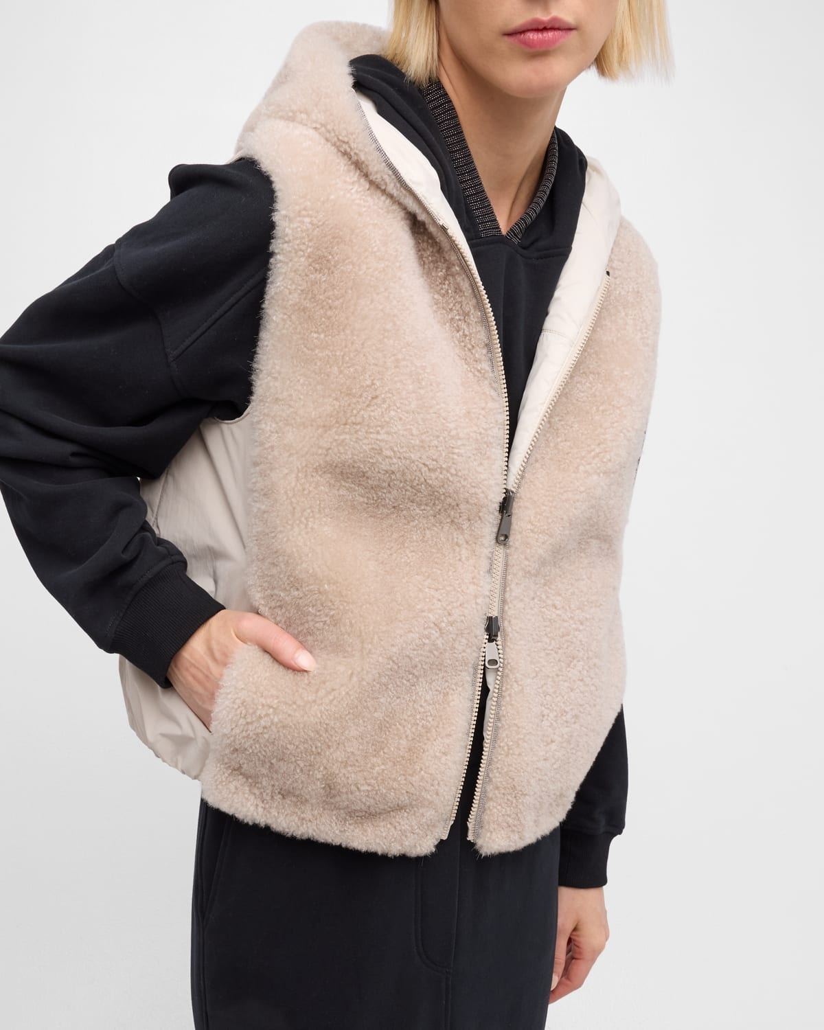 Cashmere Teddy Effect Reversible Hooded Vest - 7