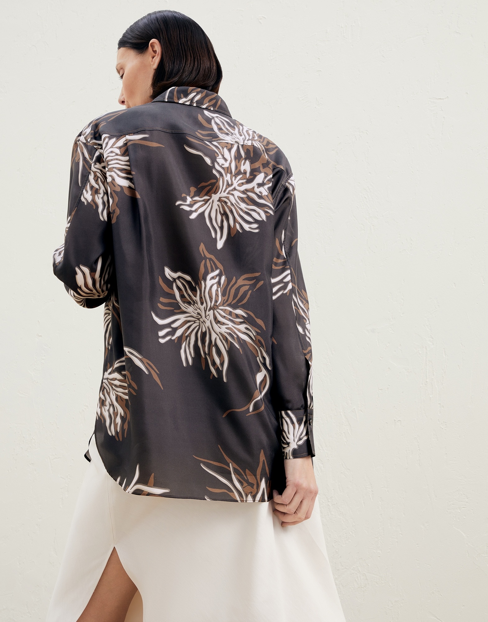 Silk marine flower pongee shirt with monili - 2