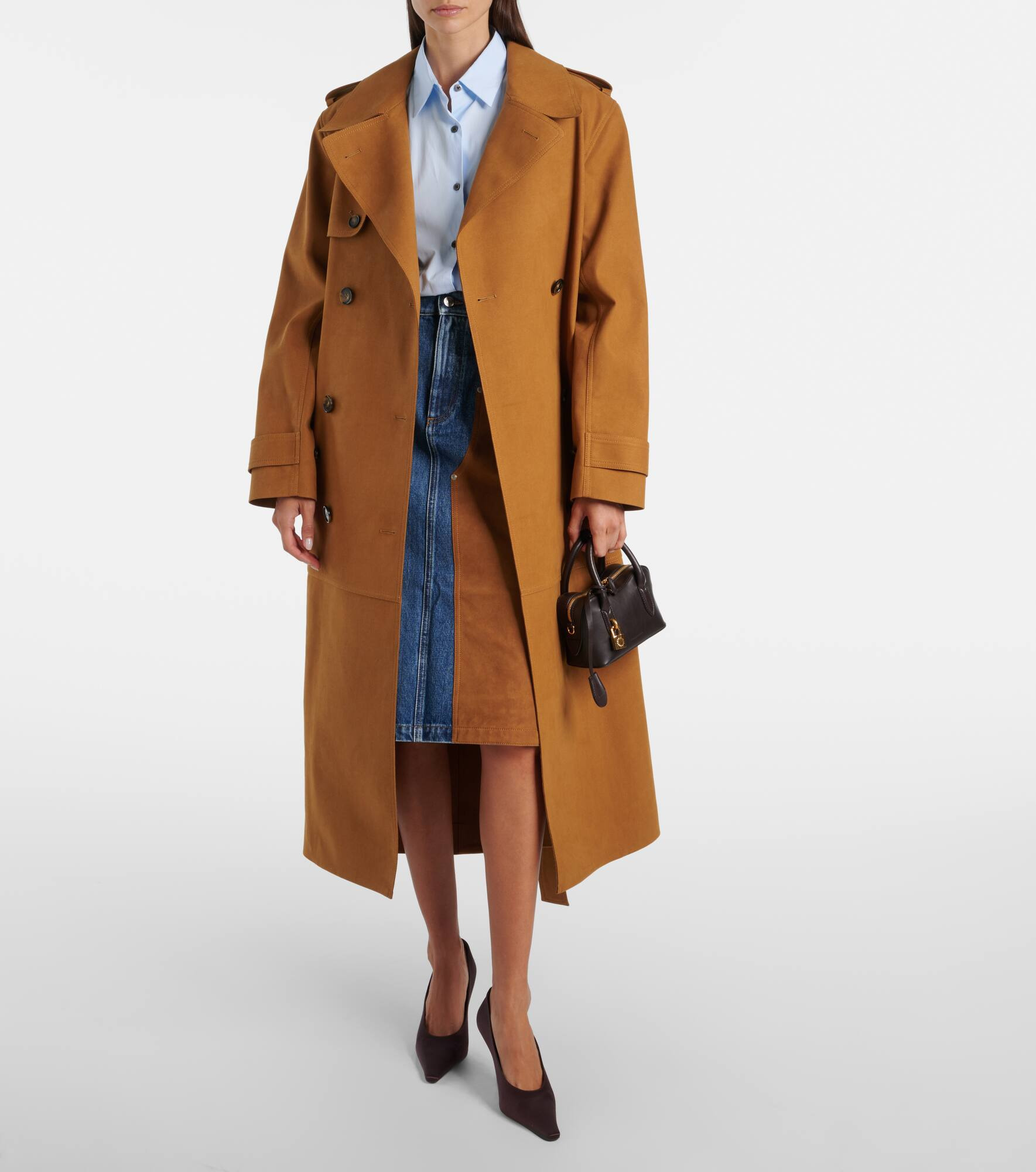 Faux suede-trimmed denim midi skirt - 2