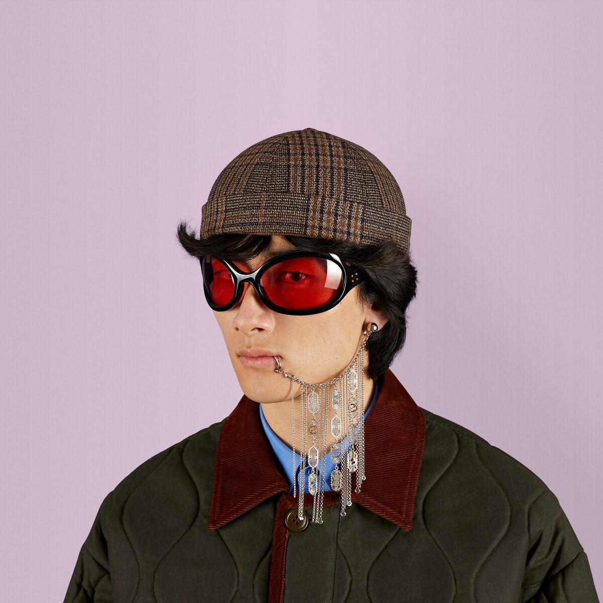 Check cotton hat with Double G - 3