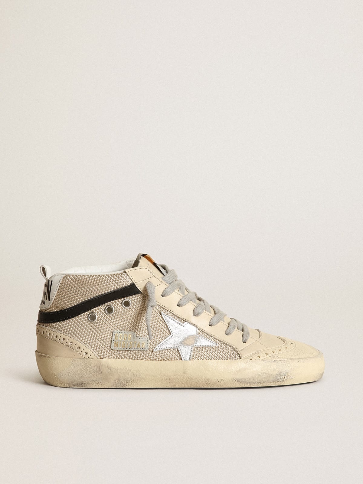 Mid Star LTD sneakers in cream-colored mesh with silver metallic leather star and black leather flas - 1