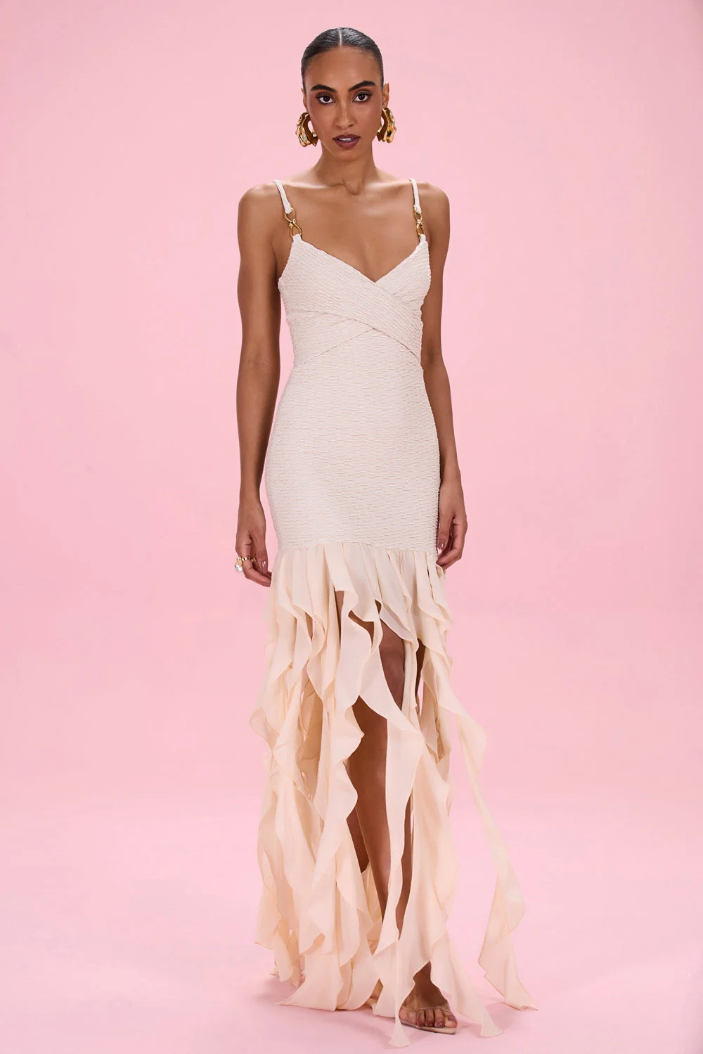 GOLDEN KNIT CHIFFON MAXI DRESS - 1