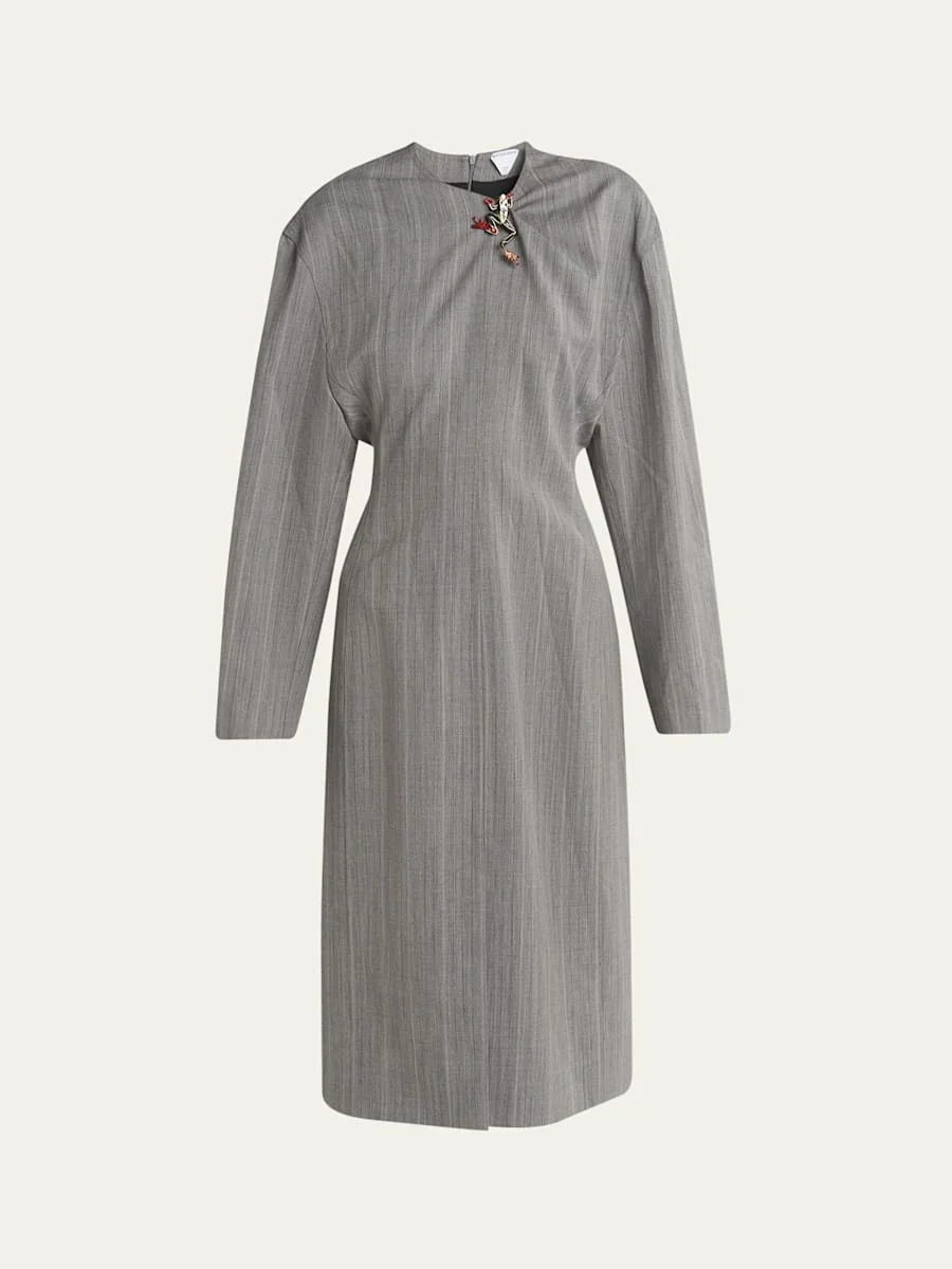 Subtle Stripe Melange Wool Dress with Frog Brooch - 1