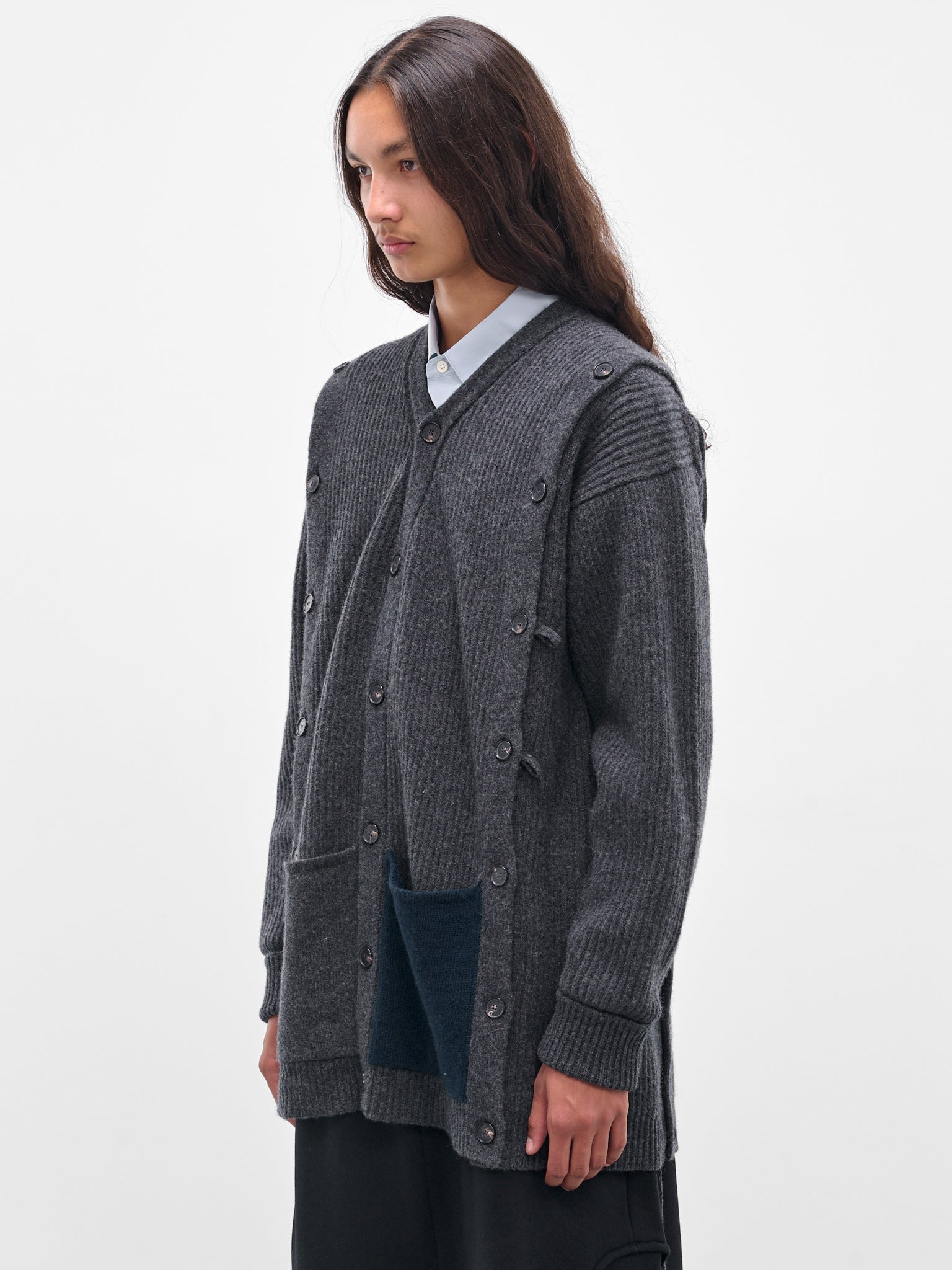 Gray Cashmere Rib-Knit Buttoned Cardigan - 2