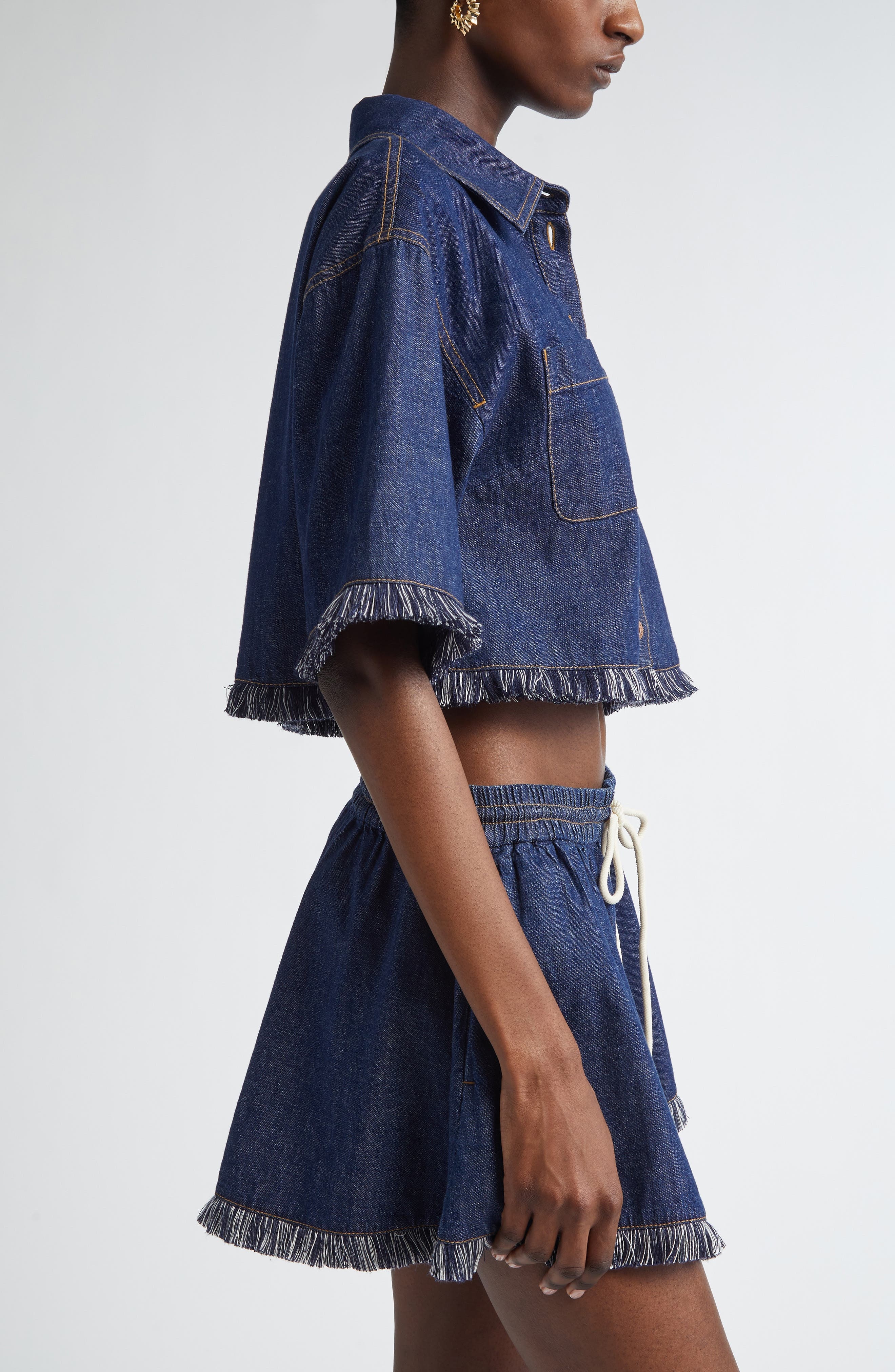 Zimmermann Rhiannon Fringe Trim Crop Denim Shirt in Atlantic at Nordstrom - 4