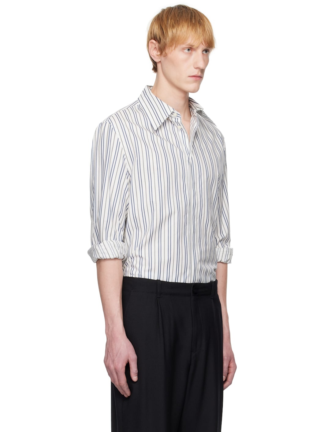 Off-White & Navy Regenerated Striped Poplin Button Up Shirt - 2