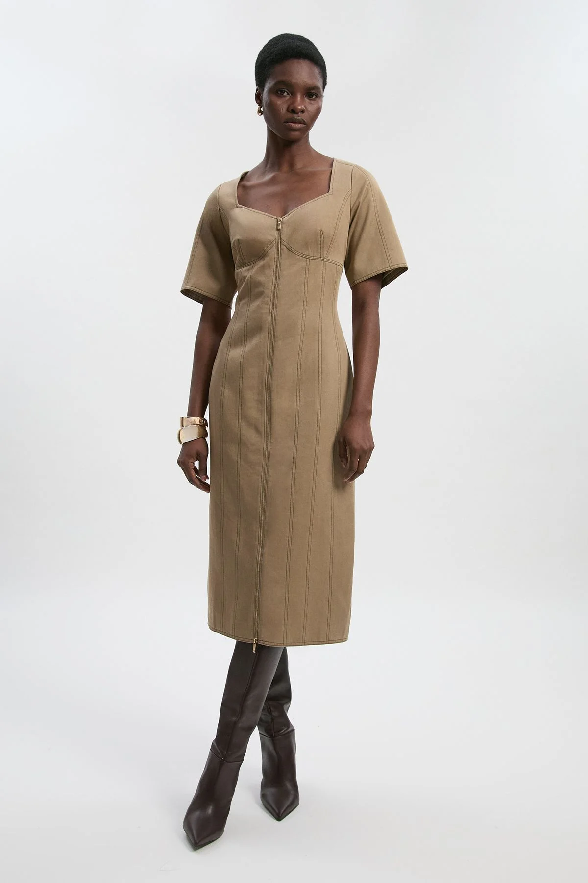 Tencel Cotton Contrast Stitch Zip Front Woven Midi Dress - 1
