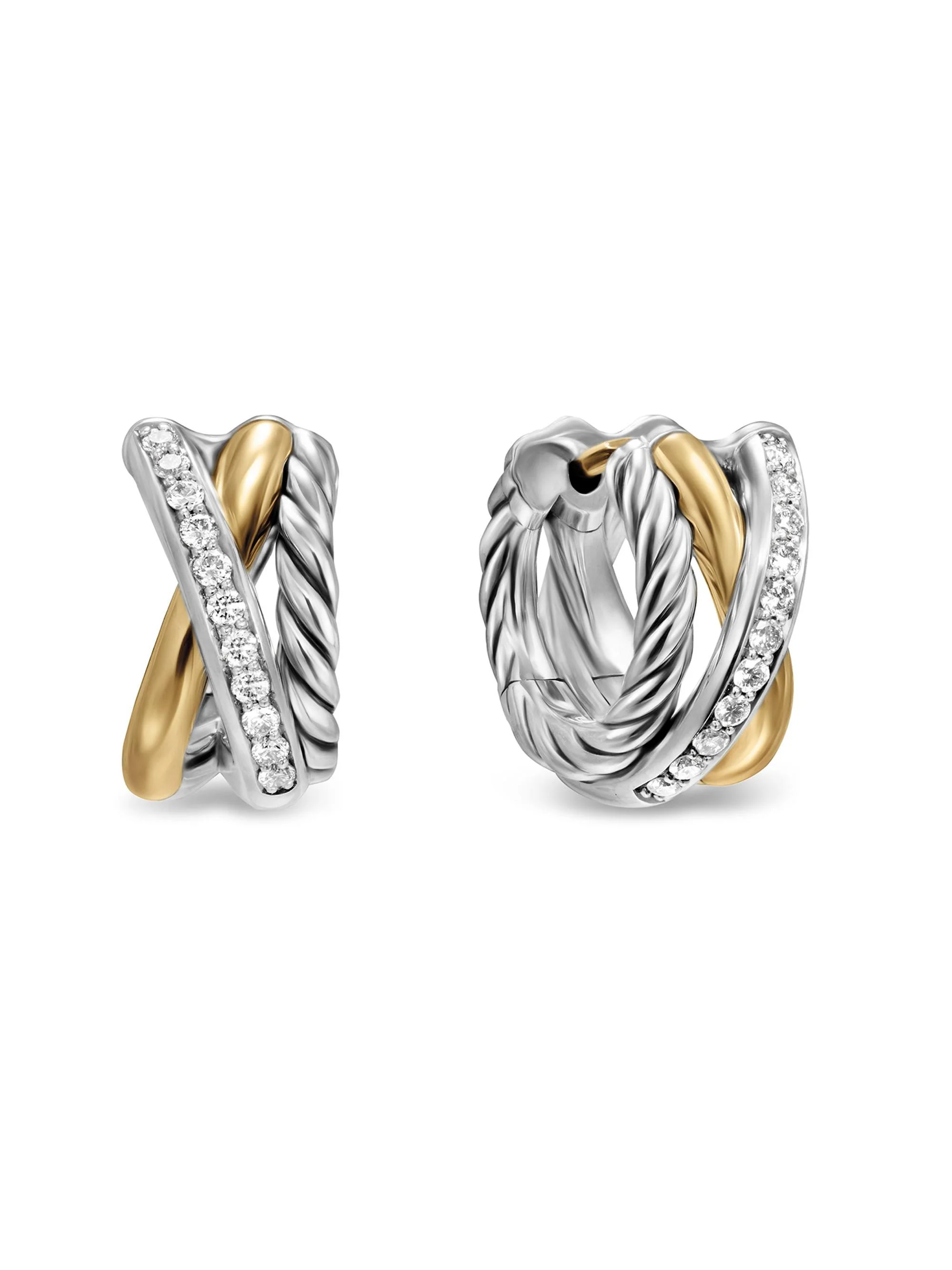 Women's Crossover Three Row Huggie Hoop Earrings in Sterling Silver with 18K Yellow Gold, 13MM - Dia - 1