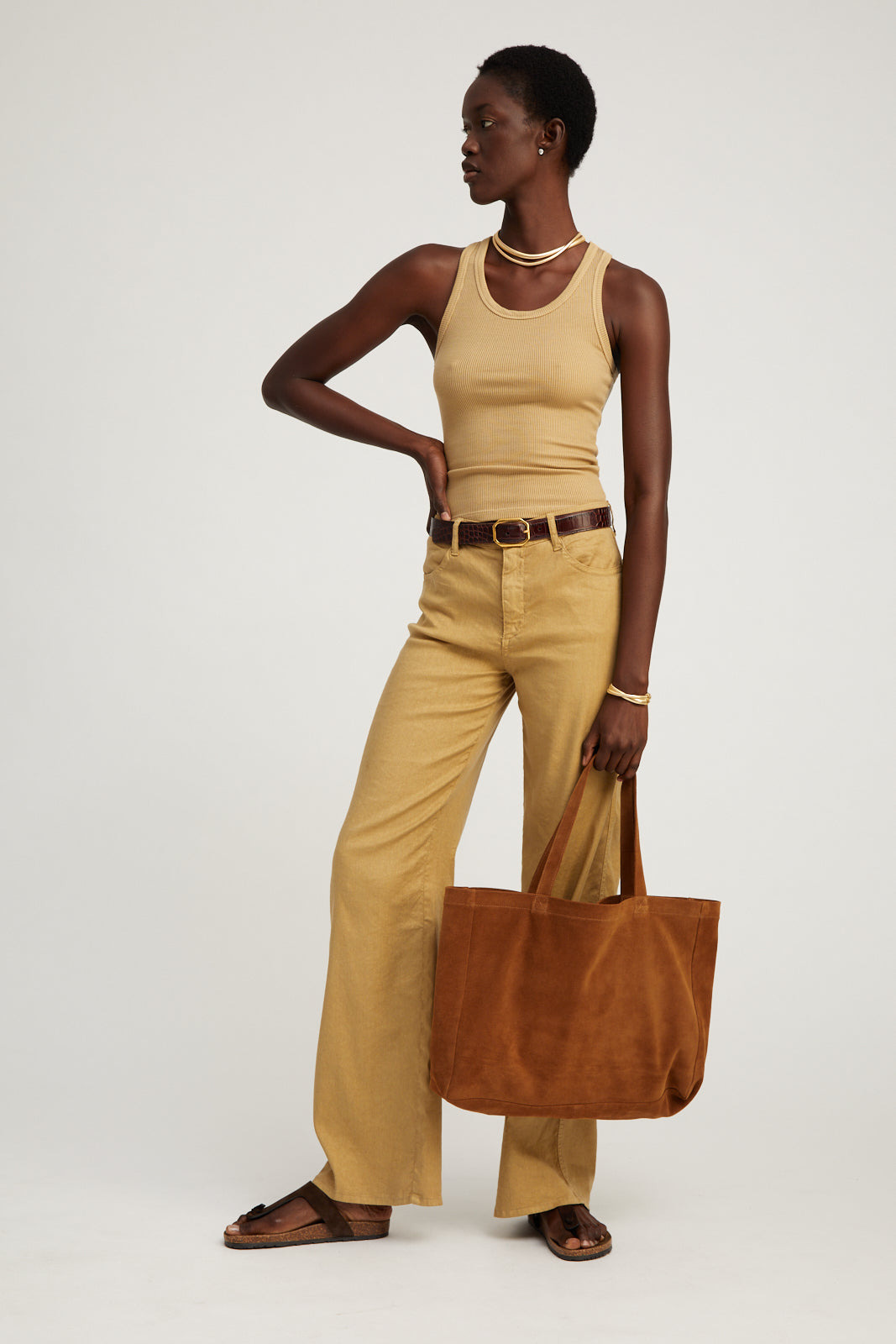 KHAKI LINEN 5 POCKET WIDE LEG PANTS - 5
