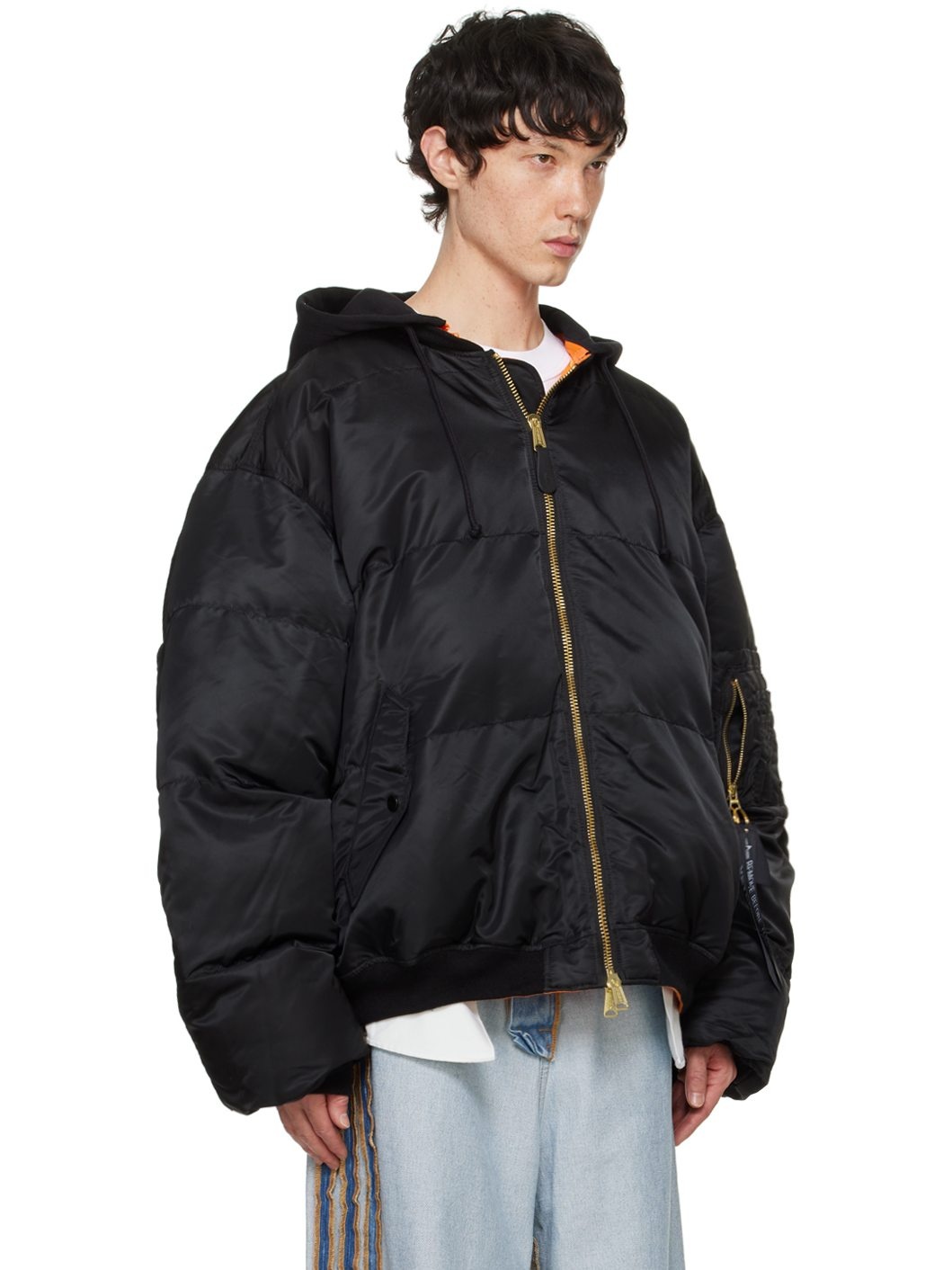 Black Quilted Hooded Reversible Bomber Jacket - 2