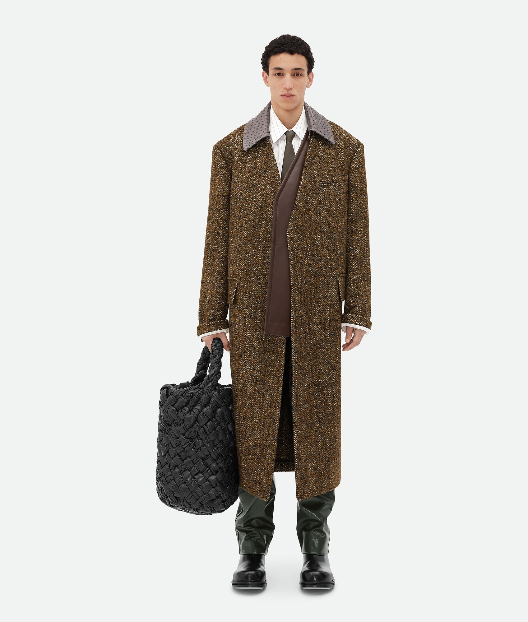 Textured Wool Speckled Coat With Leather Collar - 5
