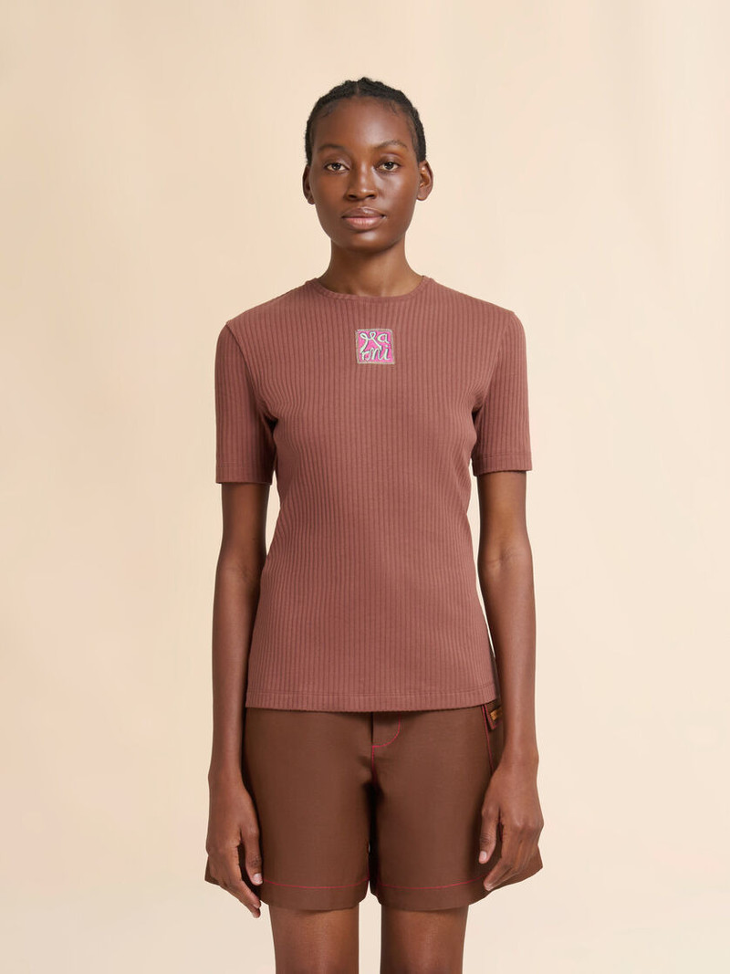 Marni BROWN RIBBED COTTON T-SHIRT WITH MARNI FRAME LOGO outlook