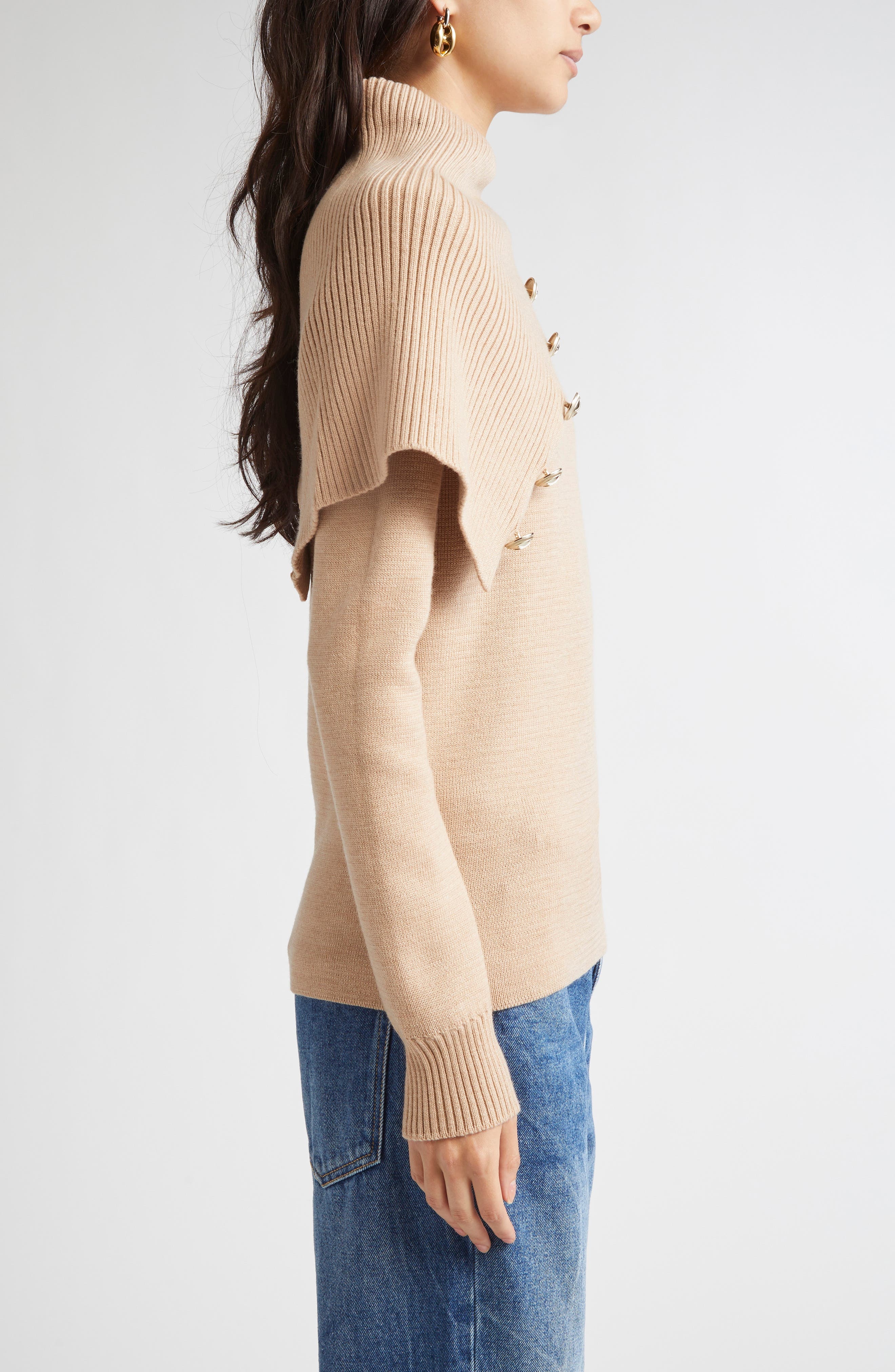 Rabanne Drape Shoulder Merino Wool Sweater in Beige at Nordstrom - 3