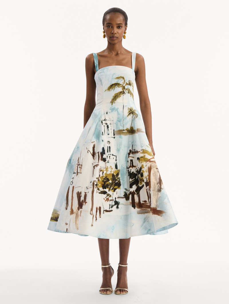 Oscar de la Renta DOMINICAN LANDSCAPE COTTON POPLIN SLEEVELESS DRESS outlook
