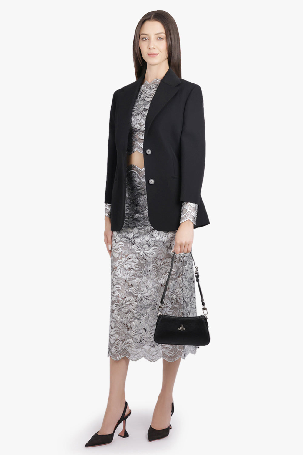 METALLIC LACE STRAIGHT MIDI SKIRT | SILVER - 6