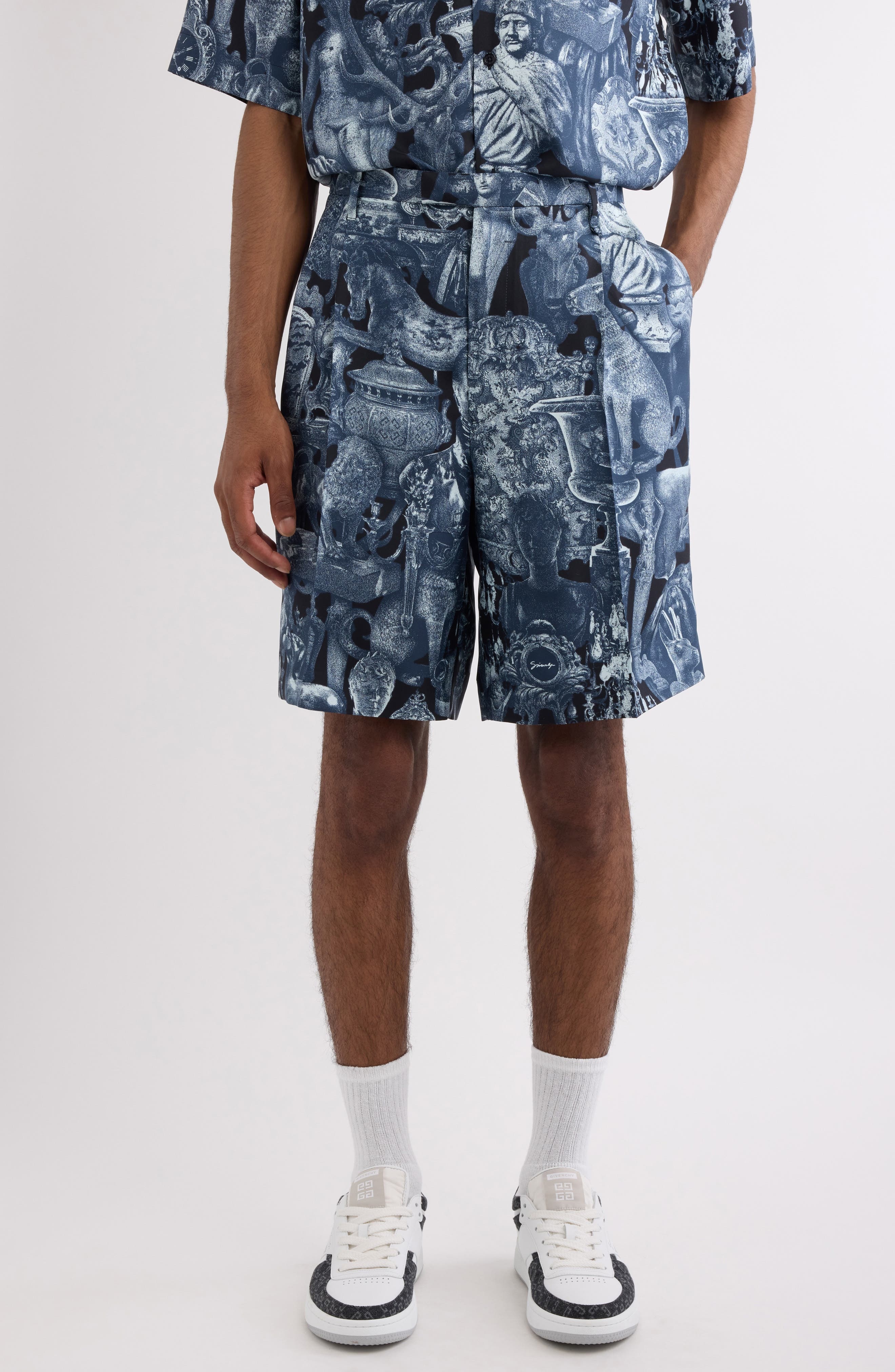 Givenchy Object Print Pleated Silk Shorts in Black/Navy at Nordstrom - 1