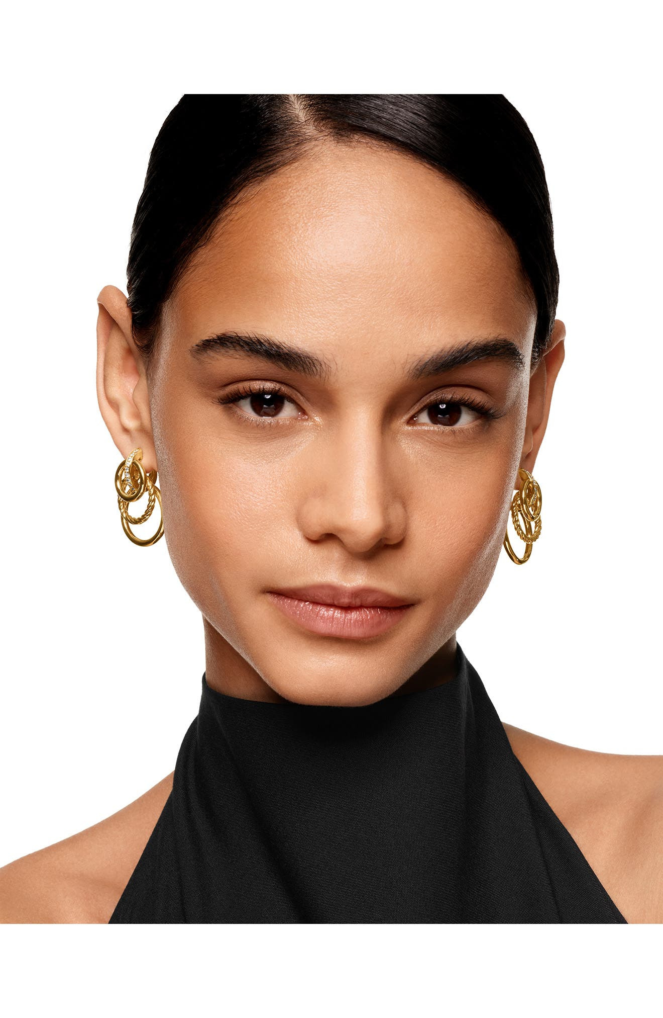 David Yurman Mercer® Triple Ring Drop Earrings in 18K Yellow Gold with Diamonds, 35.6mm in Gold/Diam - 2