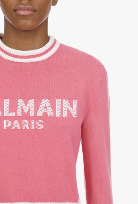 Cropped pink wool and cashmere sweatshirt with white Balmain logo - 6
