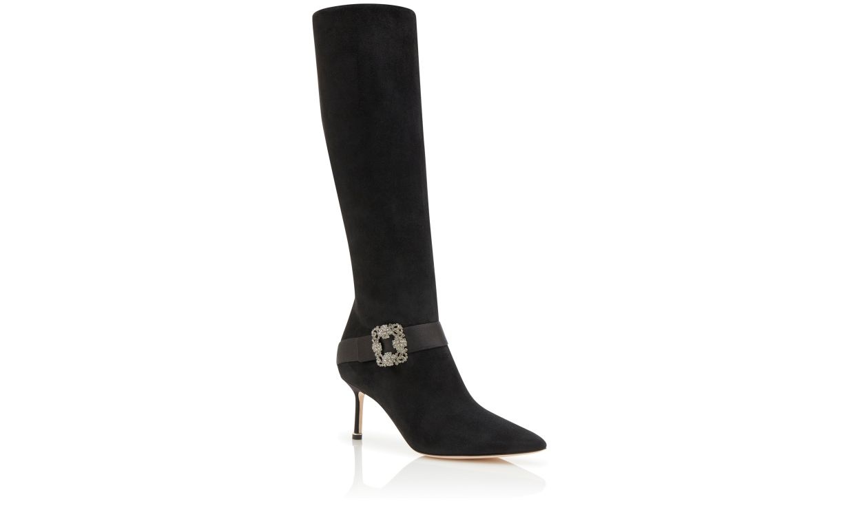 Black Suede Jewel Buckle Knee High Boots - 3