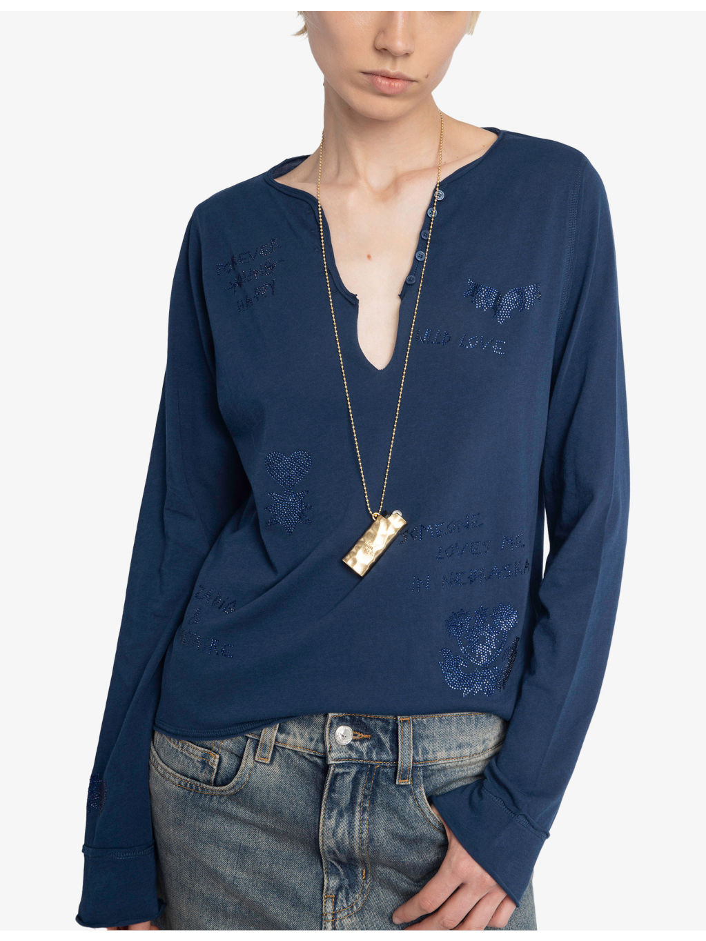 Tuni Henley-Collar Rhinestone-Embellished Cotton T-Shirt - 3