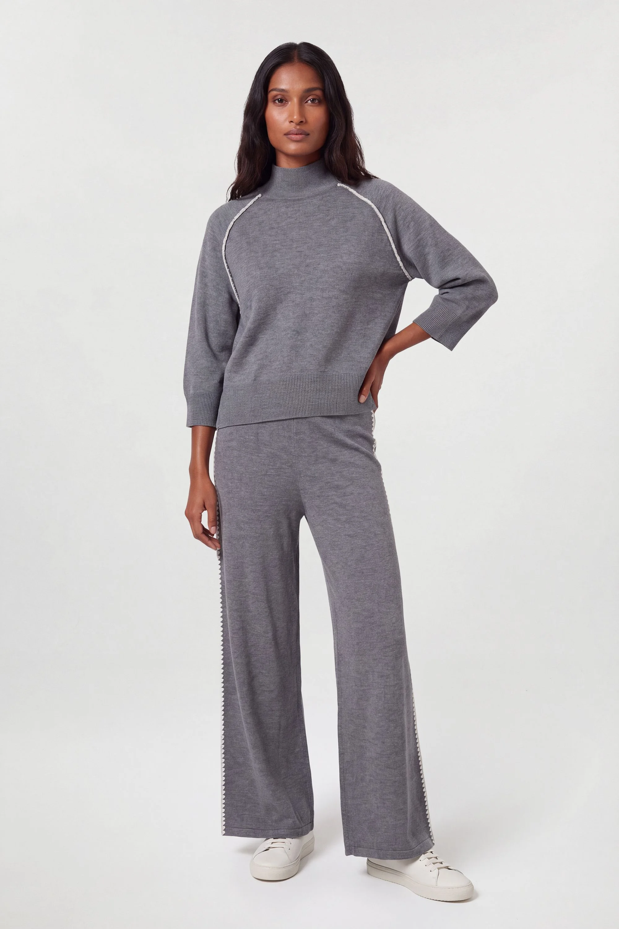 Blanket Stitch Detail Knitted Crop Sleeve Jumper - 1
