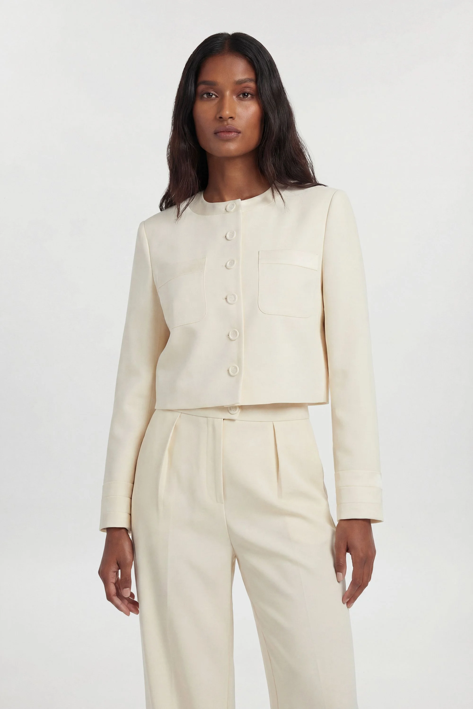 Satin Tux Tailored Collarless Cropped Blazer - 1