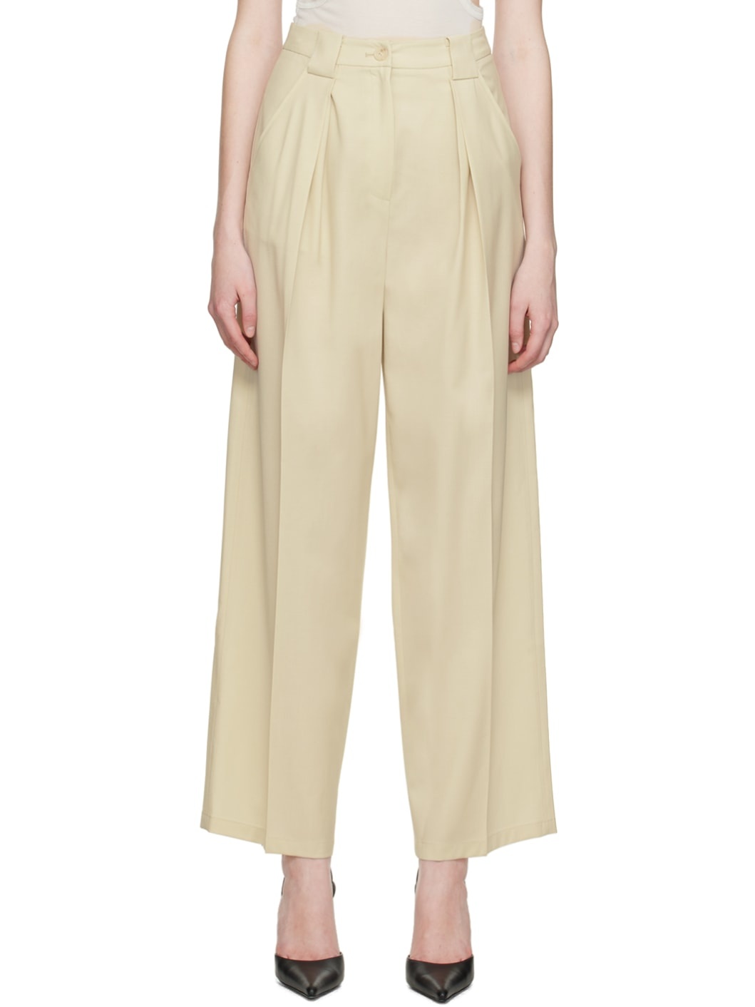 Beige Tuck Trousers - 1