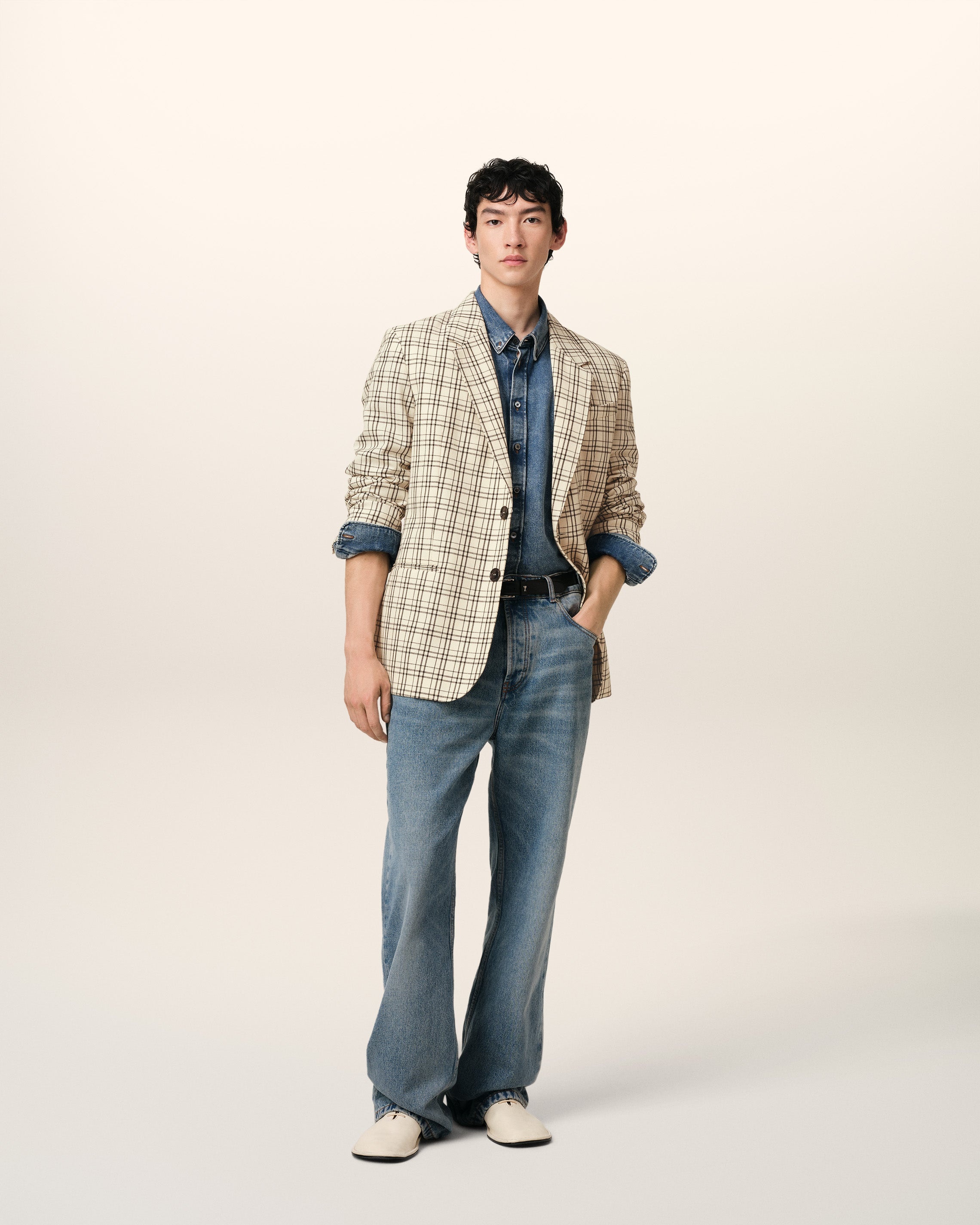 BEIGE CHECKED WOOL SEMI-LINED JACKET - 2