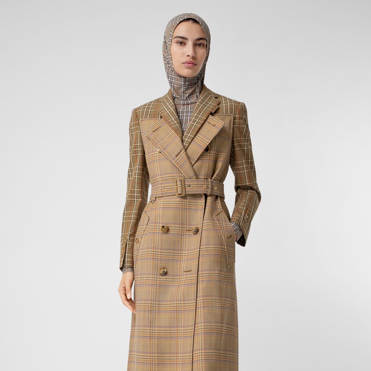 Contrast Check Wool Cotton Trench Coat - 6