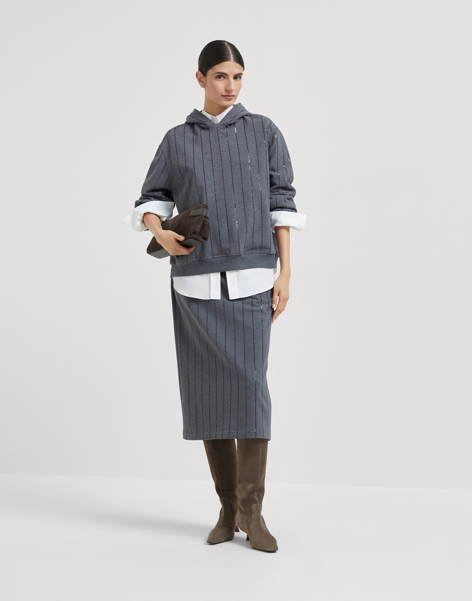 Cotton smooth French terry midi skirt with dazzling chalk stripe embroidery - 4