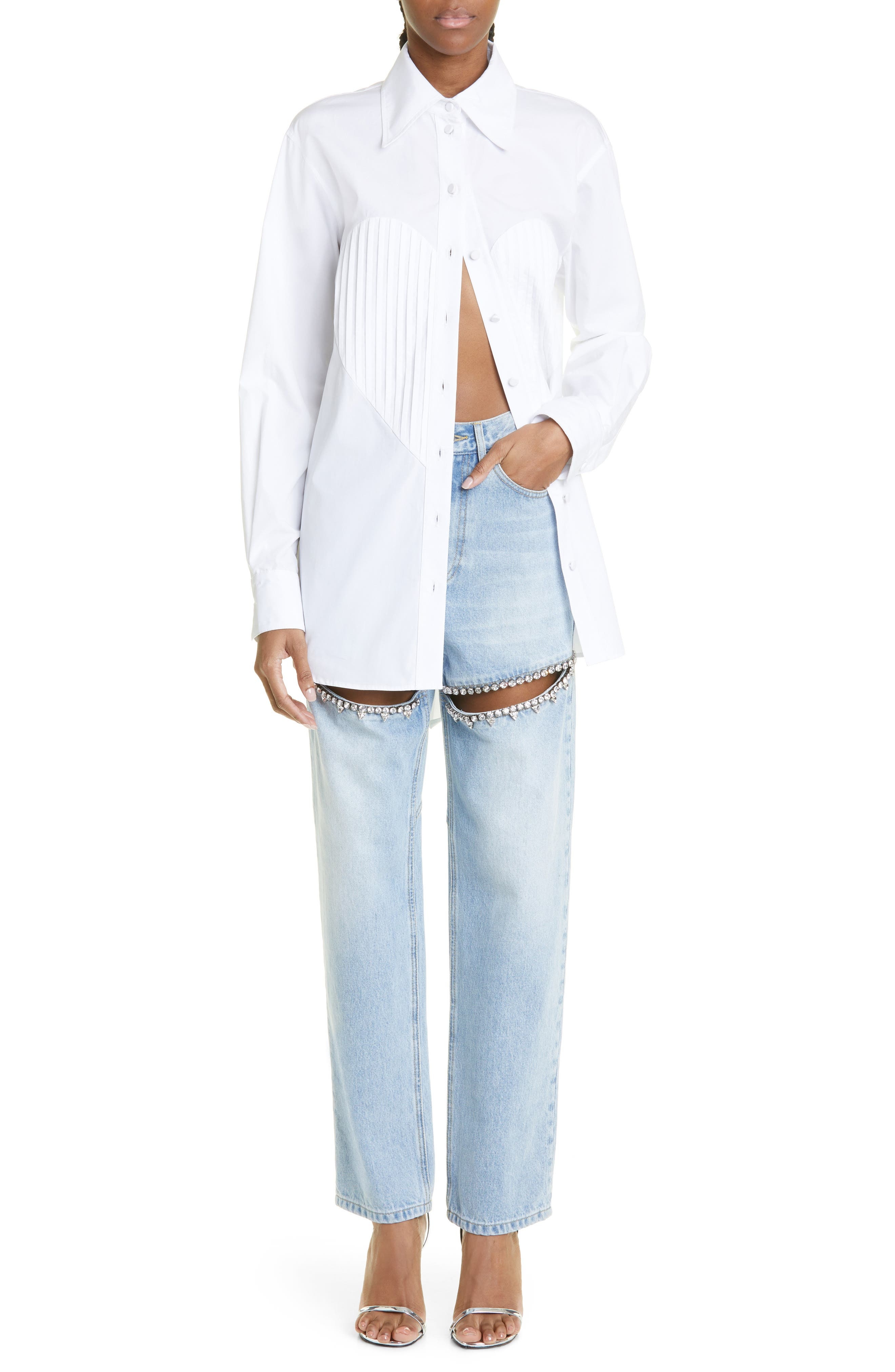 Area Crystal Slit Cotton Denim Straight Leg Jeans in Light Blue at Nordstrom - 7