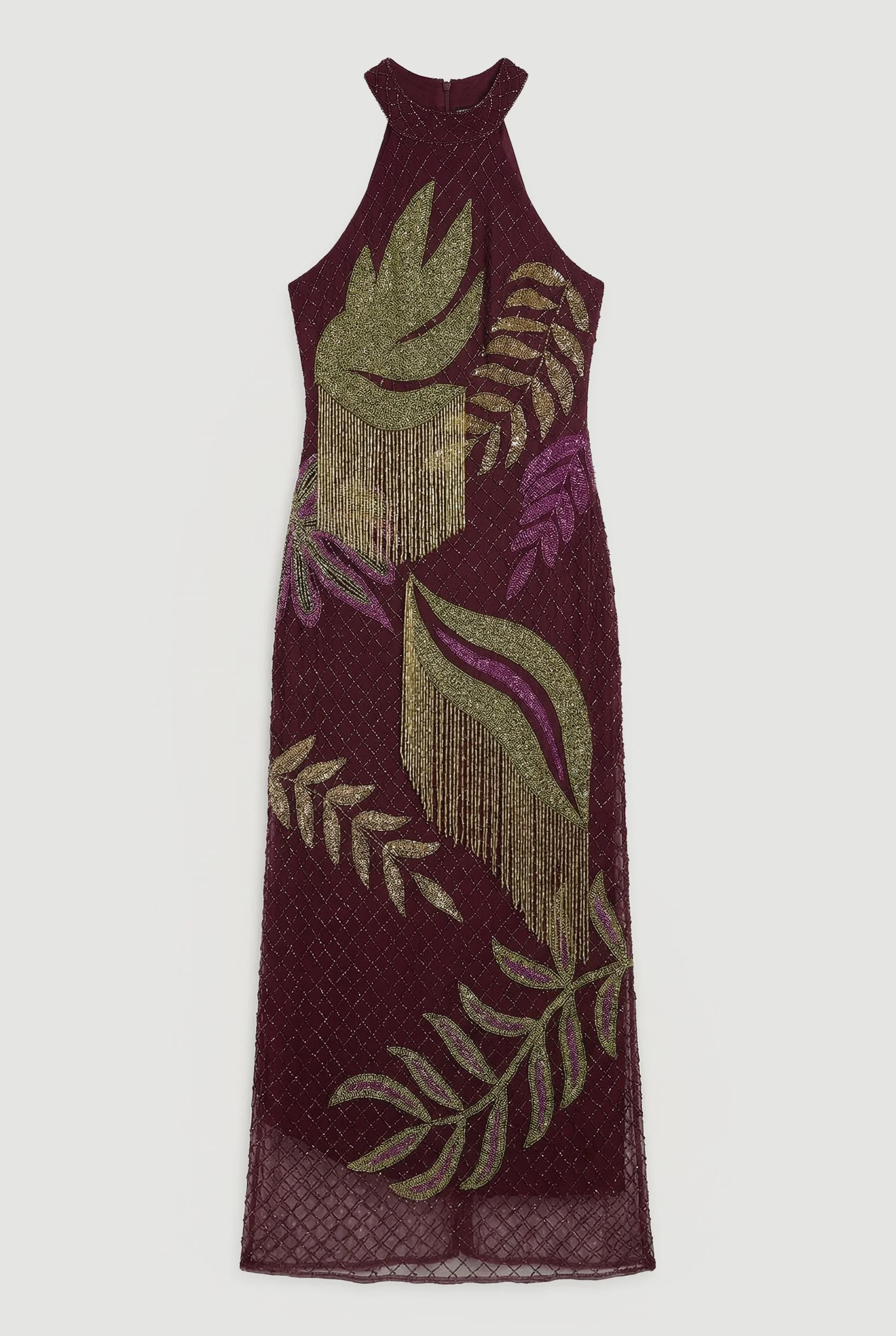 Tropical Beaded Strappy Back Woven Halter Maxi Dress - 1