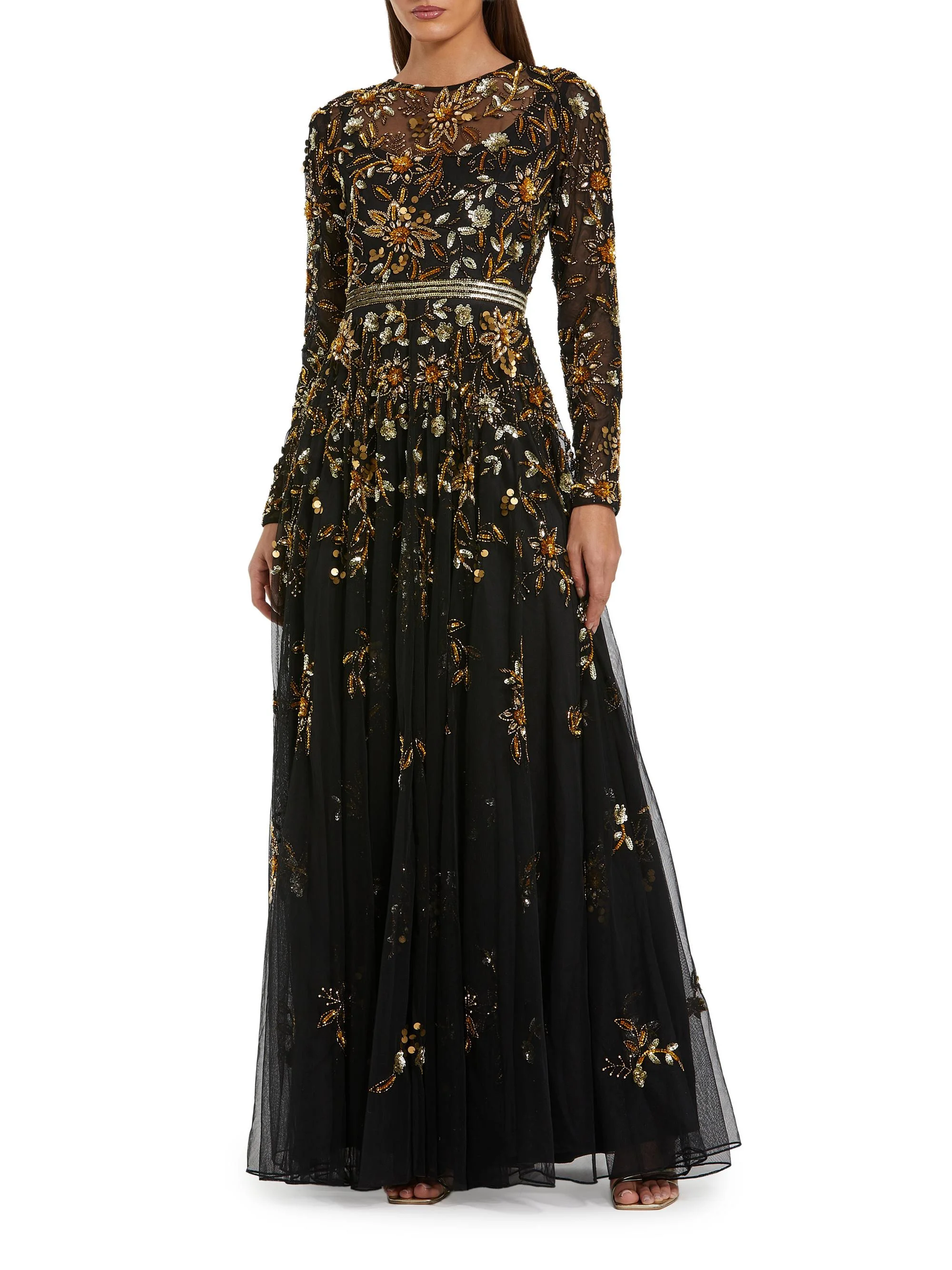 Women's Embellished Chiffon Gown - Black Gold - 1