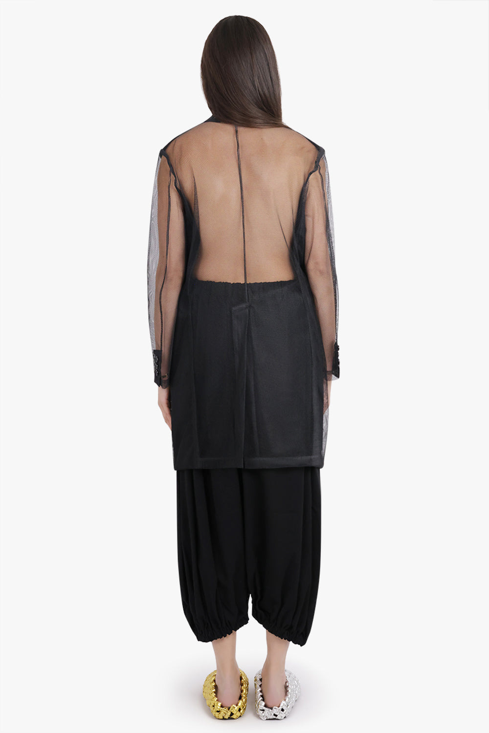 TULLE OVERLAY TAILORED LONG COAT WITH SHEER SLEEVES | BLACK - 4