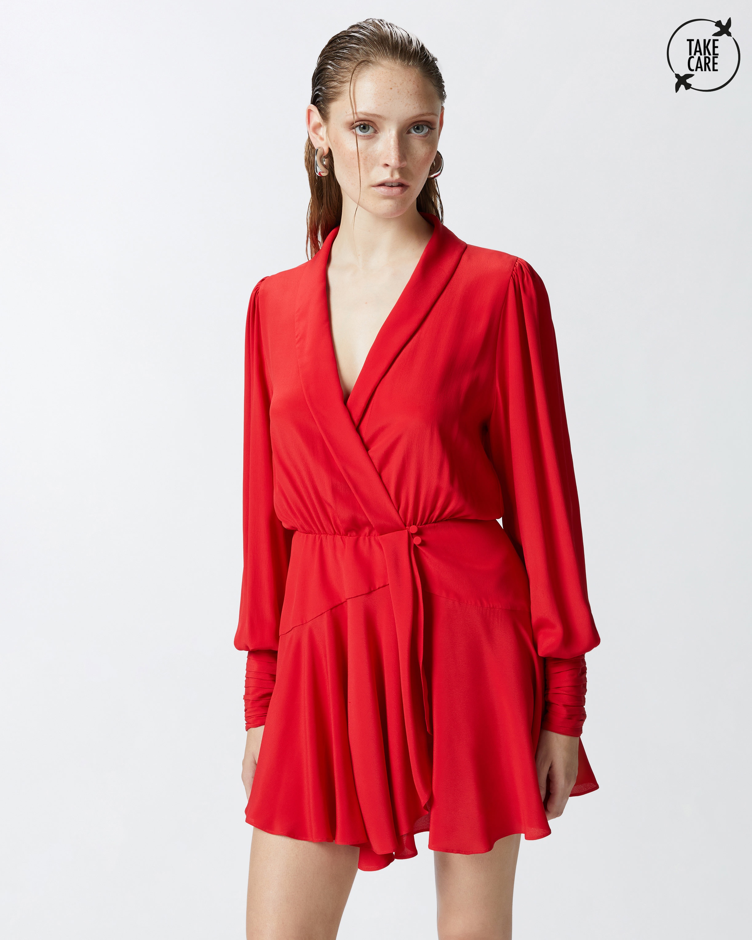 PLUNGING-NECK SILK-BLEND MINI DRESS - 2