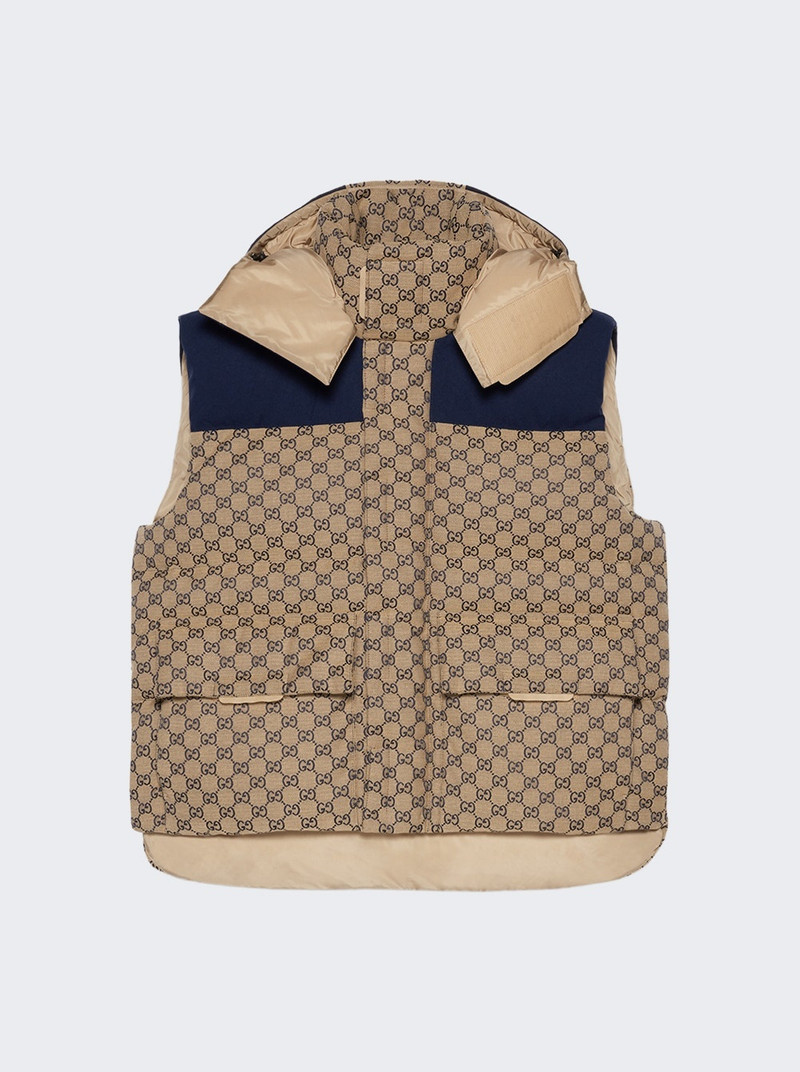 GG Canvas Down Vest with Detachable Hood Beige and Blue - 1