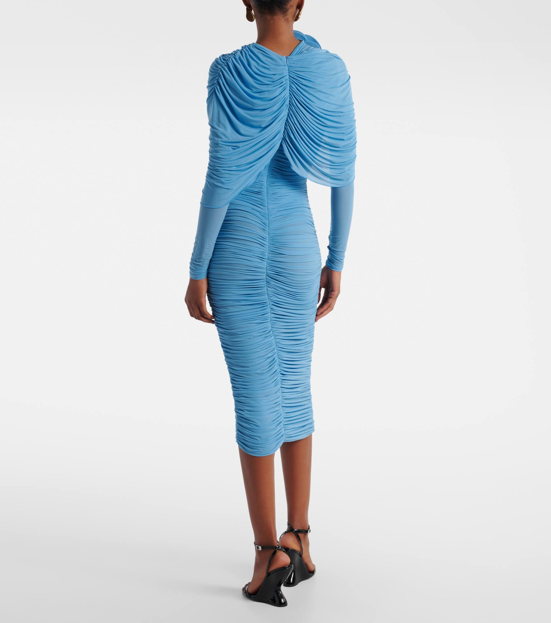 Floral-appliqué ruched caped midi dress - 3