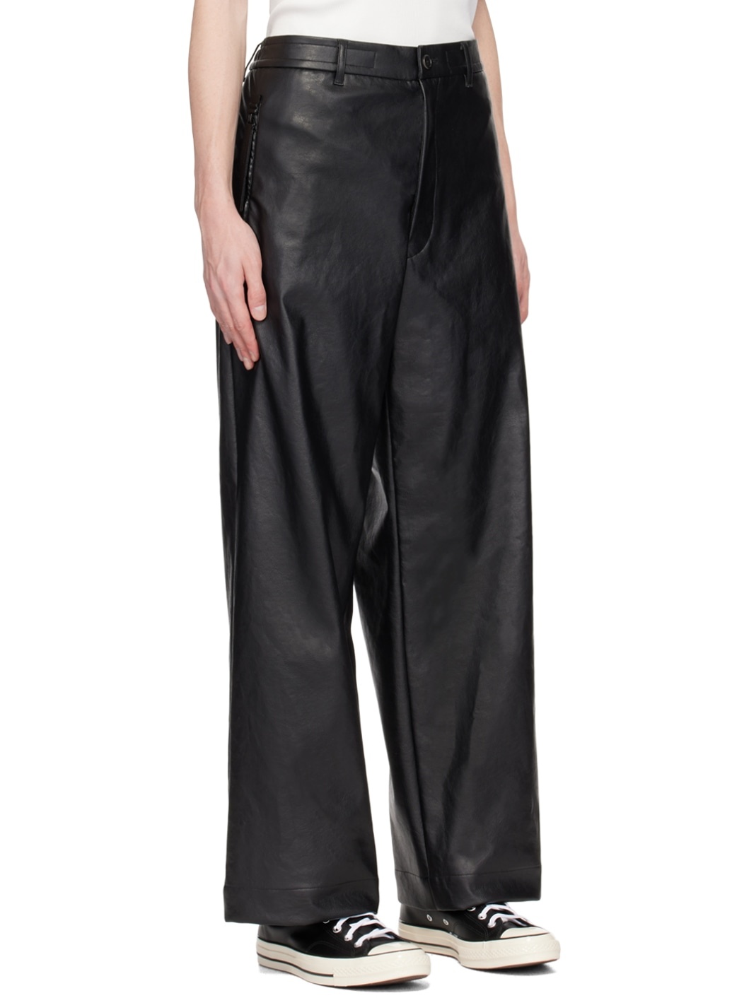 Black Drawstring Faux-Leather Trousers - 2