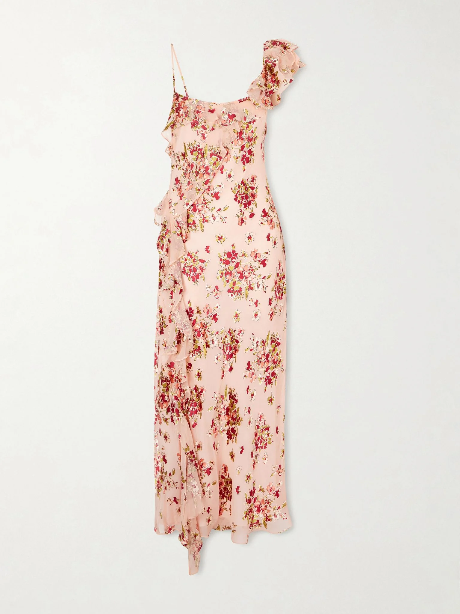 Asymmetric floral-print chiffon and dévoré-velvet maxi dress Pink - 1