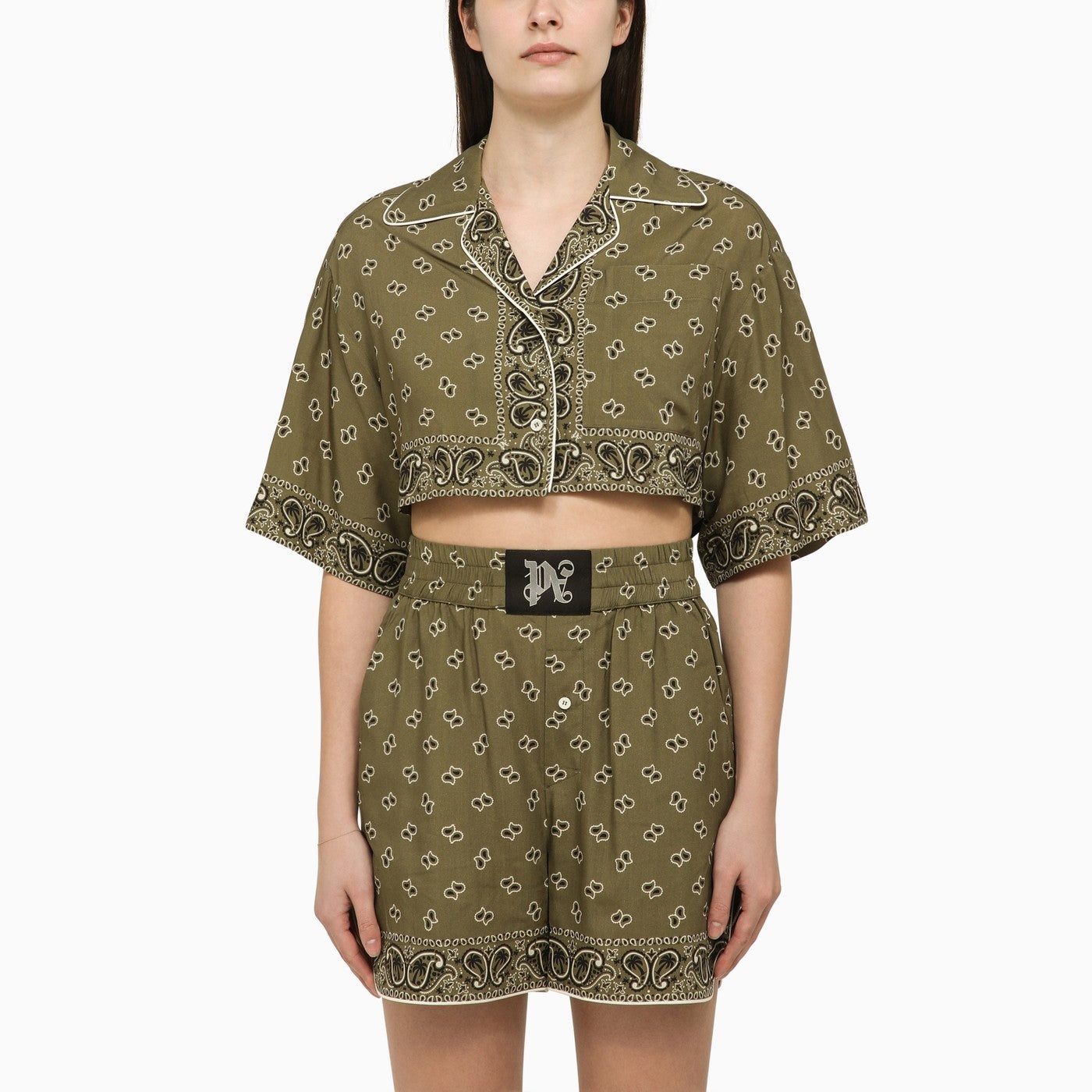 Palm Angels Cropped Shirt With Military Green Print - 1