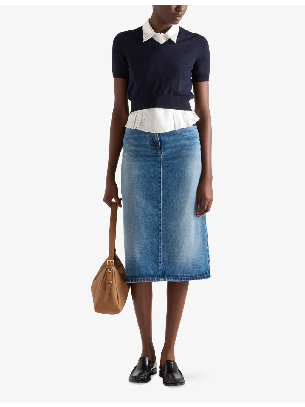 Flared Faded-Wash Denim Midi Skirt - 2