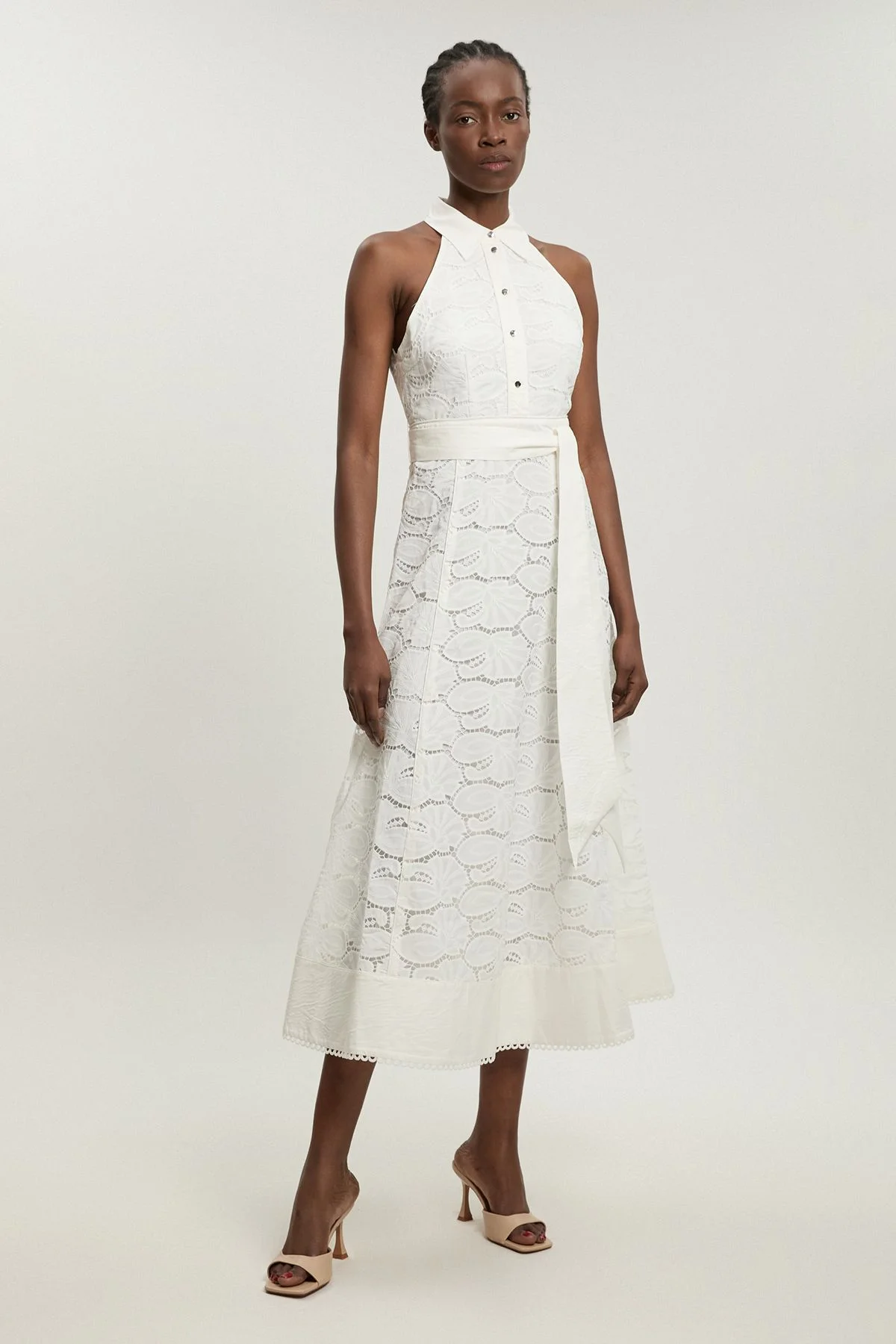 Petite Cutwork Cotton Halterneck Tie Detail Woven Midi Dress - 1