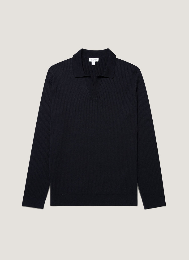 Long Sleeve Fine Rib Silk Cotton Polo Shirt 1