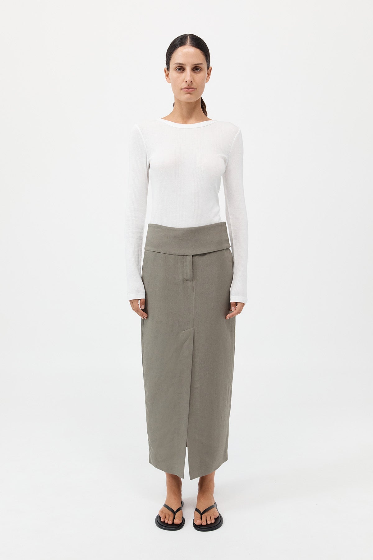 Wide Waistband Column Skirt - Smokey Olive - 2