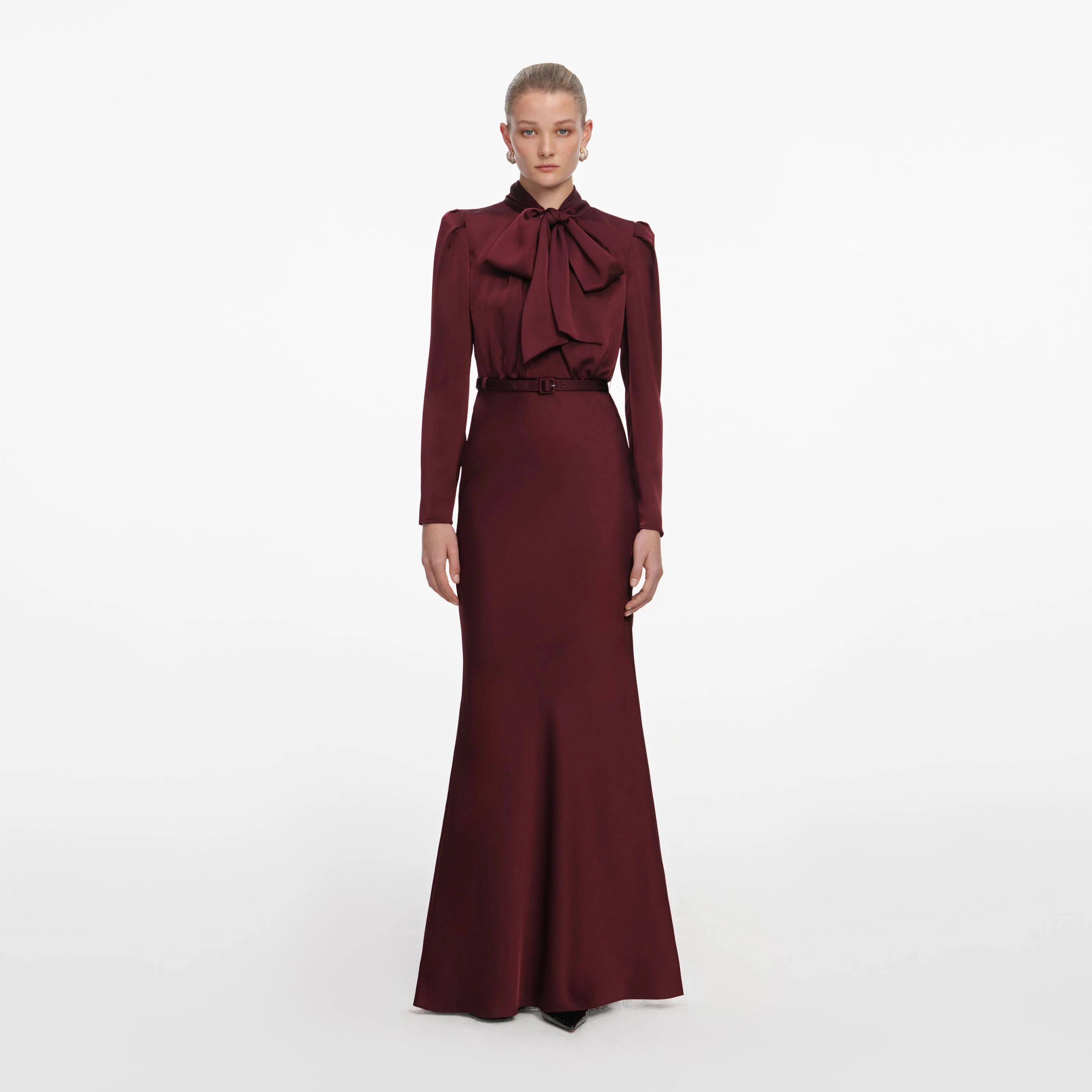 Burgundy Tie Neck Satin Maxi Dress - 1