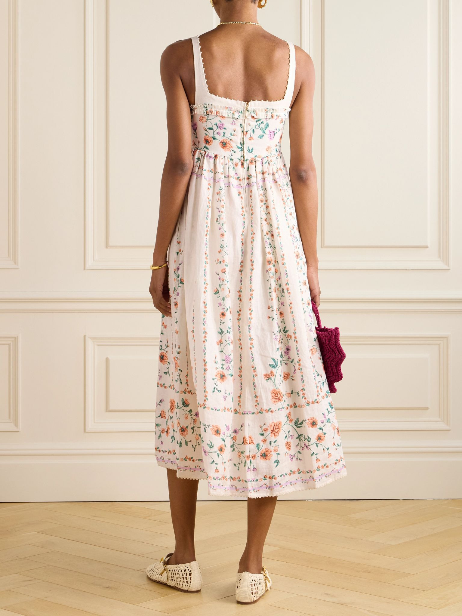 Barbara pleated bead-embellished floral-print linen midi dress White - 3
