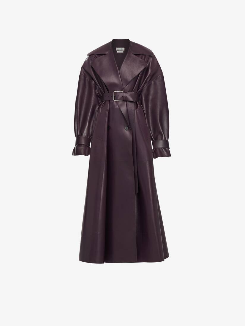 Women's Cocoon Sleeve Leather Trench Coat in Night Shade - 1