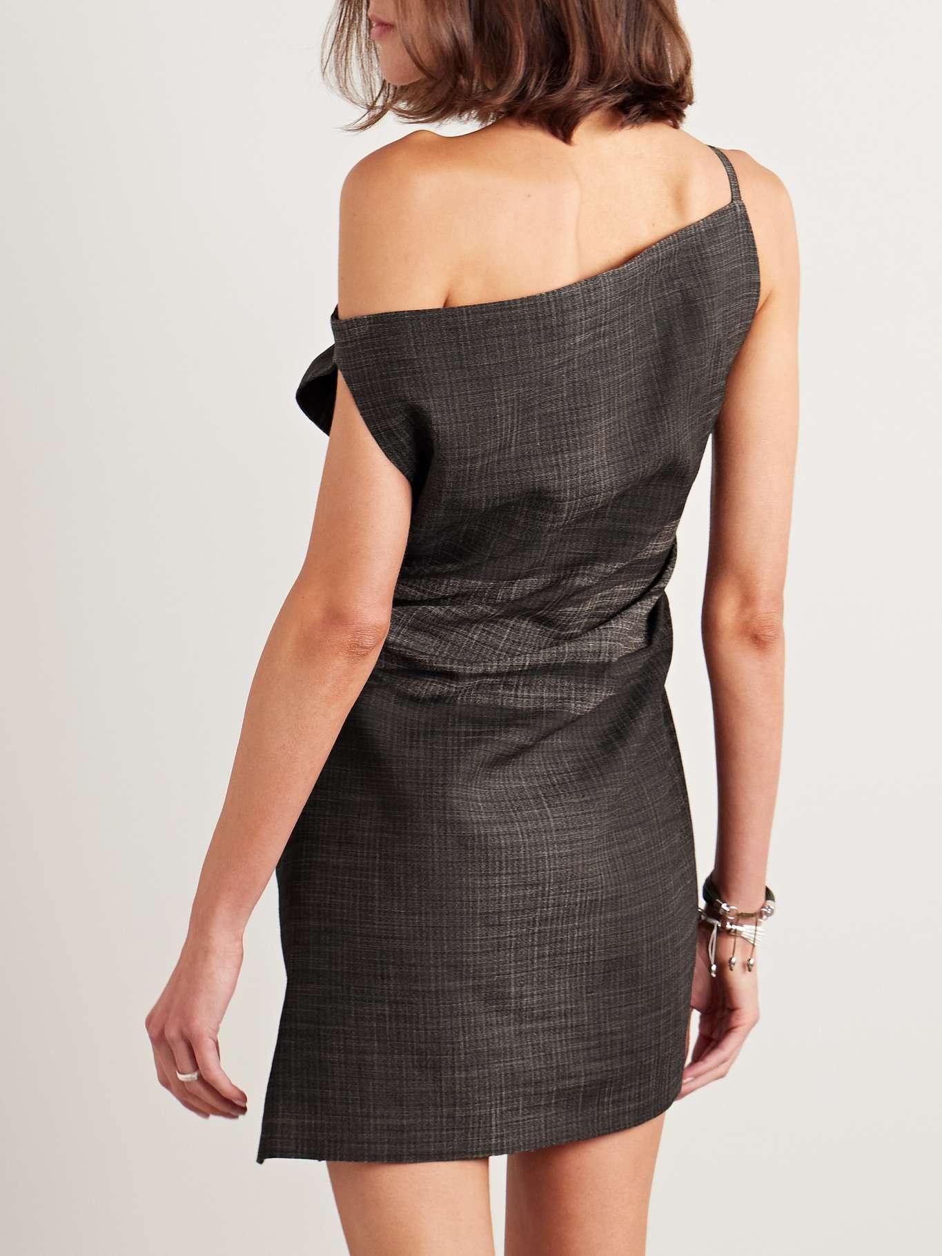 One-shoulder gathered checked linen-blend mini dress - 3
